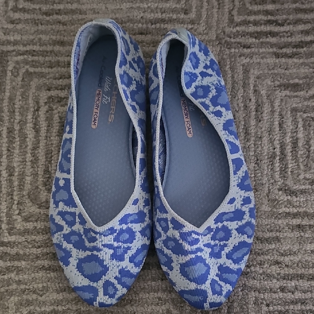 Skechers Blue Leopard Knit Slip-On Ballet Flats